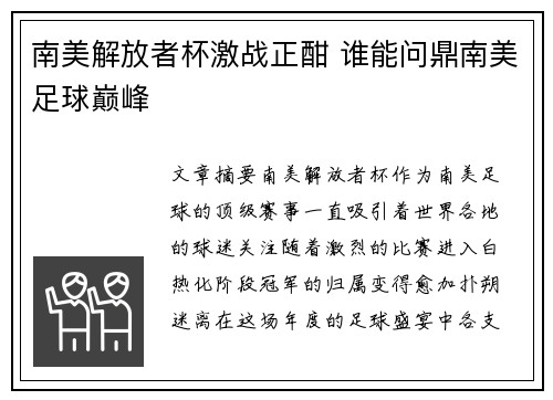 南美解放者杯激战正酣 谁能问鼎南美足球巅峰